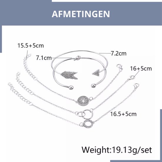 Afmetingen van set zilverkleurige armbanden met pijlen en cirkels, inclusief gewicht: 19.13g/set.