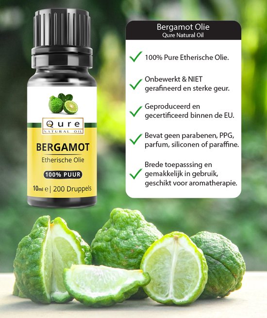 Flesje Qure Bergamot Etherische Olie, 10ml, 100% puur, met bergamotvruchten en groene bladeren. Rechts tekst over het product.