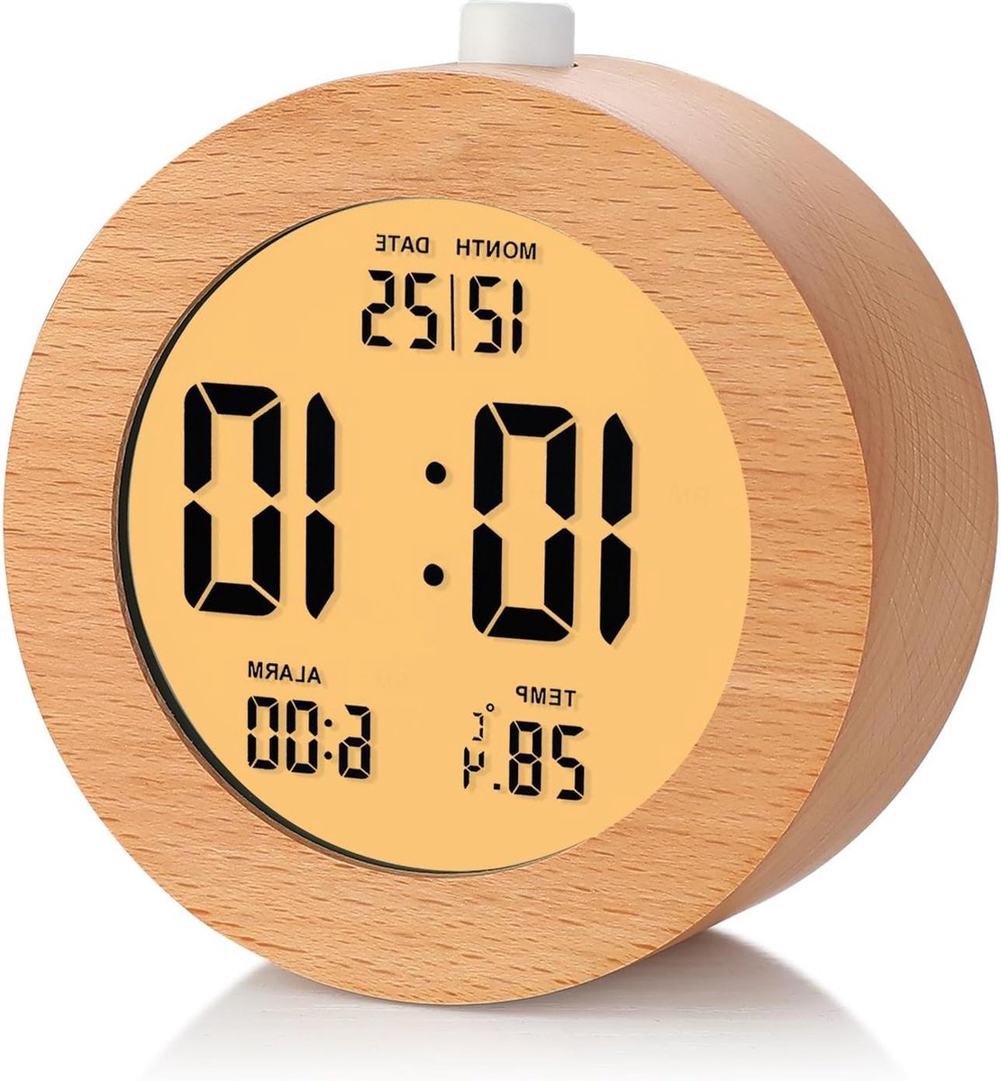 Mrs. Jones Houten digitale wekker voor slaapkamers - batterij aangedreven wekker met sluimeren en nachtlampje - elektronische LCD-bureauklok weergavetijd datum temperatuur 12/24 uur - houten .