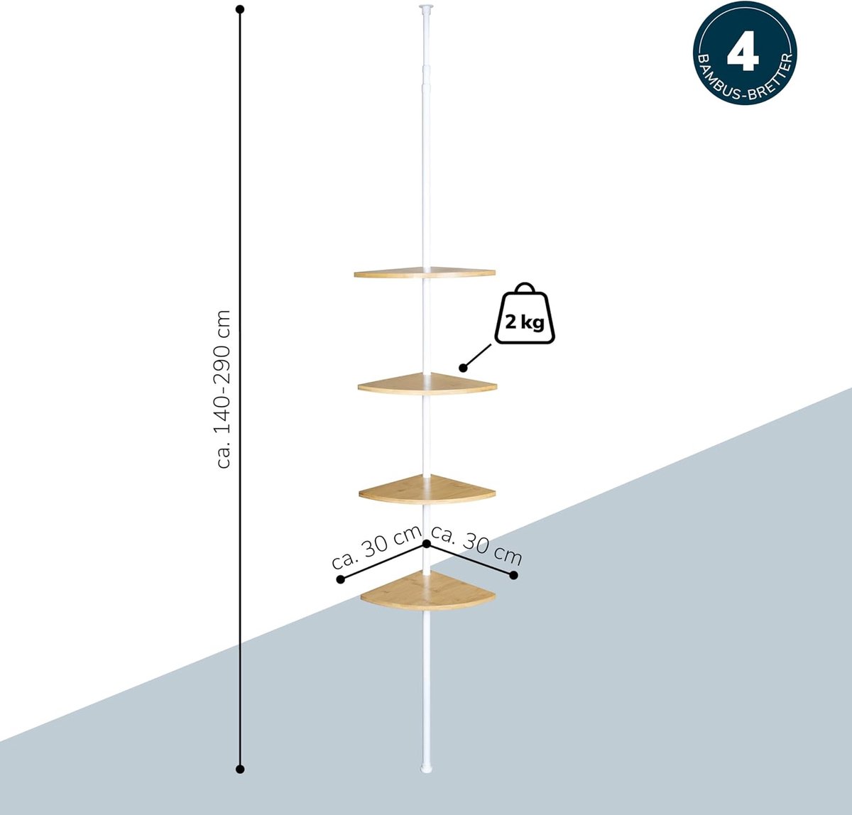 bremermann Telescopische wandplank met 4 legplanken van bamboe, veelzijdig inzetbaar in de woonkamer, hal, badkamer, kantoor of keuken - variabele inbouwhoogte van 140 tot 290 cm (compleet zwart