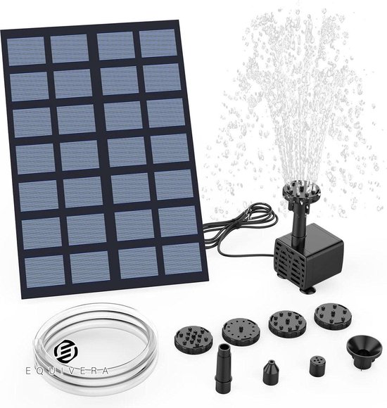 Equivera Fontein op zonne-energie 25 W doe-het-zelf vijverpomp upgrade met 12 m waterleiding - 6 fonteinstijlen - drijvende fonteinpomp voor tuinvijver vogelbad visbak - AMZtime Solar Fontein