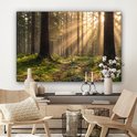 Een woonkamer met een canvas schilderij van een bos met zonlicht. Voor de bank staan stoelen en een kastje met decoraties.