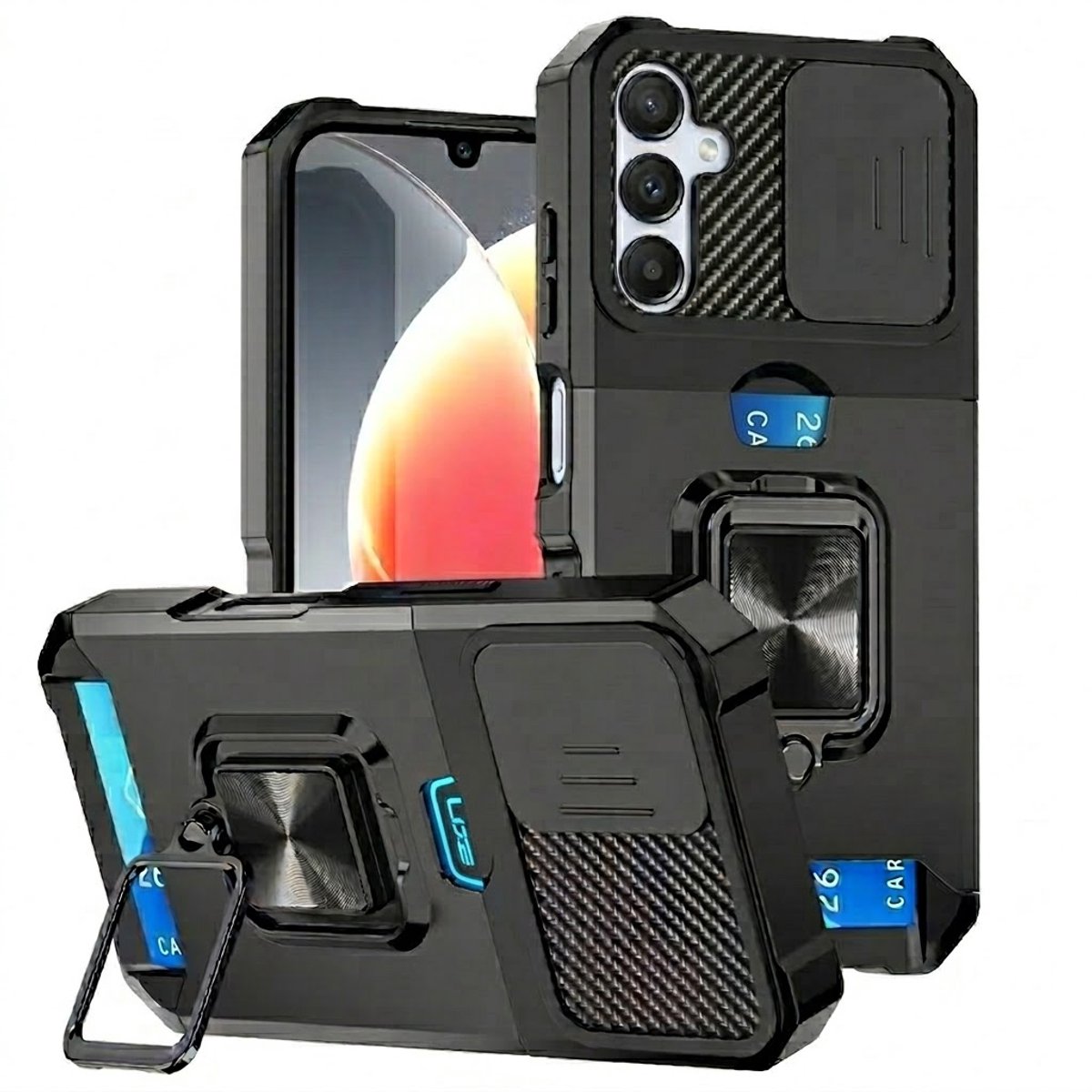 Zwart telefoon hoesje geschikt voor Samsung A16 – robuuste backcover case dames en heren – schokbestendig ontwerp met metalen standaard en kaarthouder