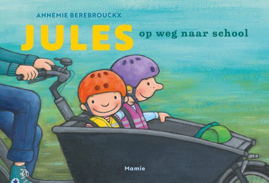 Illustratie van een bakfiets met twee kinderen, Jules en Marie. Jules draagt een oranje helm, Marie een paarse. Papa fietst.