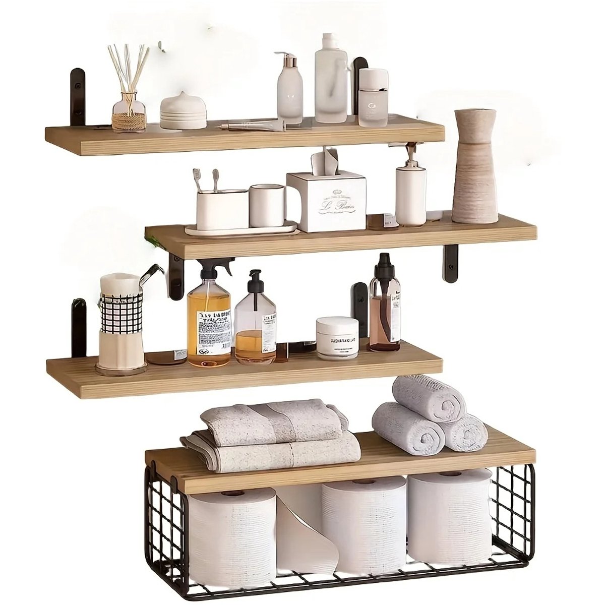 4-delige houten wandplank set met metalen mandjes - badkamer rekset - lichtbruin