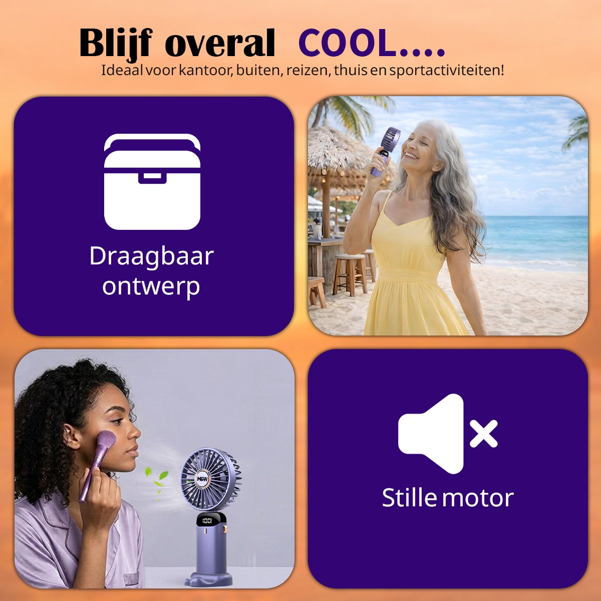 Oplaadbaar USB Handventilator - Draagbare Mini Ventilator met Standaard, Telefoonhouder en Nekkoord - 3 Standen - 3000 mAh - Voor Thuis, Kantoor, Onderweg, Vakantie en Festival - Paars — afbeelding 8
