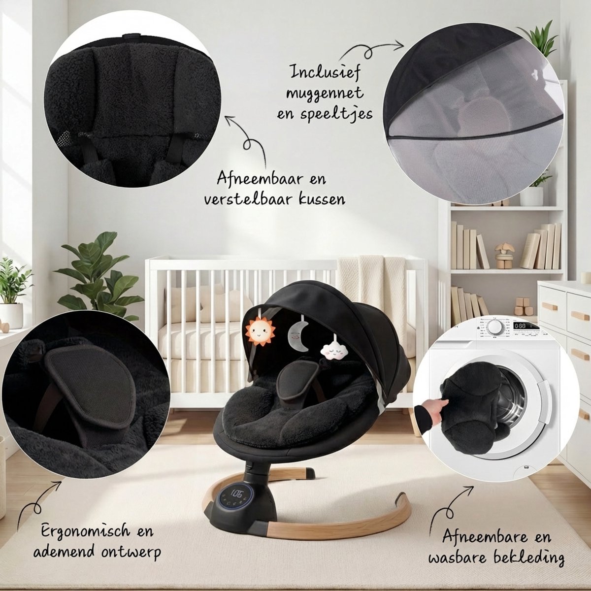 3Babies Elektrische Babyschommel – Zwart thumbnail 3