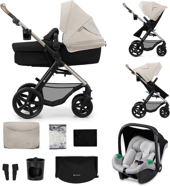 Beige kinderwagen met zilveren frame, een reiswieg en autostoeltje. Diverse accessoires.