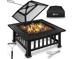 tillvex® Vuurschaal met Vonkenbescherming & Grillrooster | Buitenhaard voor de Tuin | 3-in-1 BBQ Grill met Afdekking, Pook, Tang & Houtskoolrooster Zwart (Vierkant)