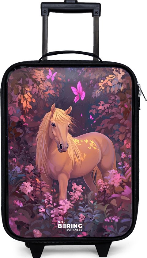 Zwarte kindertrolley met een print van een lichtbruin paard tussen bloemen en vlinders.