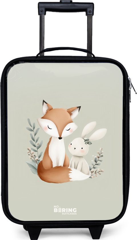 NoBoringSuitcases.com® - Kinderkoffer jongen - Kindertrolley meisje - Vos en konijn omringd door groene blaadjes - Koffer kind lichtgewicht - Reiskoffer trolley voor kinderen - Koffertje met lichtgevende wieltjes - Rolkoffer zwart