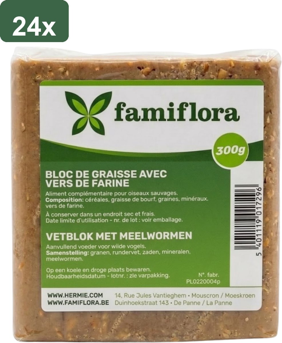 Famiflora vetblok met pindakaas voor tuinvogels - Meelwormen - 24 stuks (= 7,2KG) - 300 gram per stuk - Aanvullend diervoeder voor tuinvogels - Aanvullend voeder voor wilde vogels