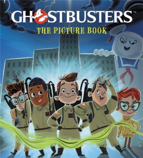 Boekomslag van 'Ghostbusters: The Picture Book' met de 4 Ghostbusters en de Stay Puft Marshmallow Man voor een stedelijke achtergrond.