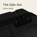 Detailopname van het zwarte TSA cijferslot op de koffer.