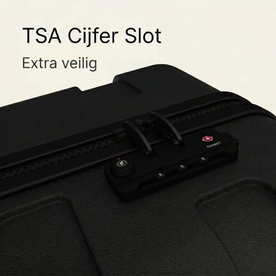 Detailopname van het zwarte TSA cijferslot op de koffer.
