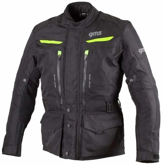 Zwarte motorjas met neon accenten, GMS logo op borst, vier zakken en ritsen.
