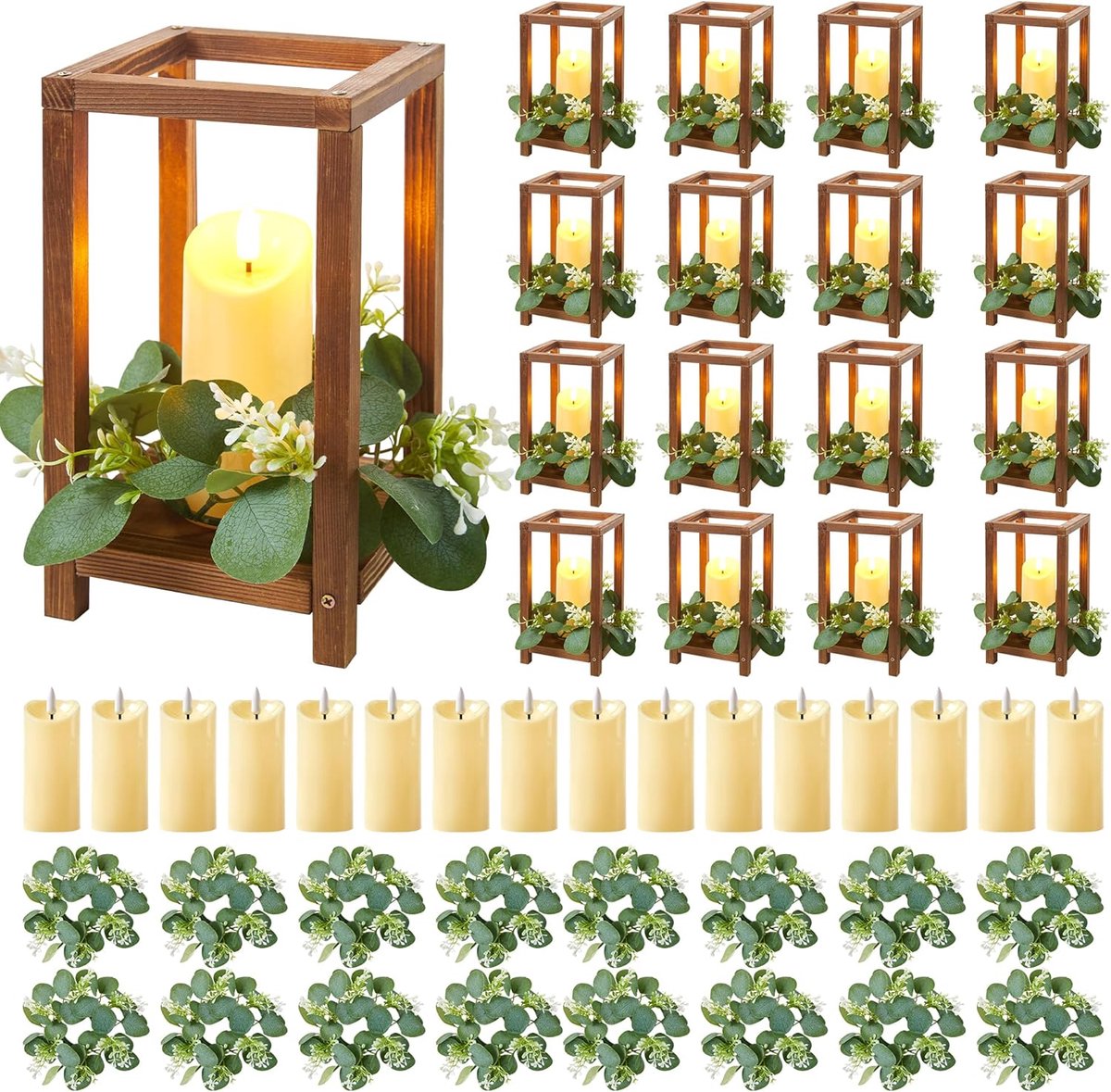 Houten Lantaarn Set - Tafeldecoratie Set - Bruiloft Decoratie - Rustieke Landelijke Stijl - 16 Sets - Bruin