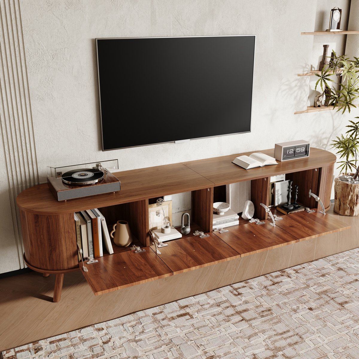 MODENUIT Tv-meubel - 4 Klepdeuren en Houten Poten - Voor Woonkamer - MDF en Spaanplaat - 180x38x47 Cm - Walnoot