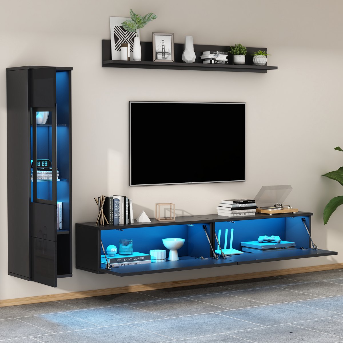 MODENUIT Wandmeubelset - Tv-Meubel, Vitrinekast En Wandplank Met Led - Woonkamer - Spaanpl