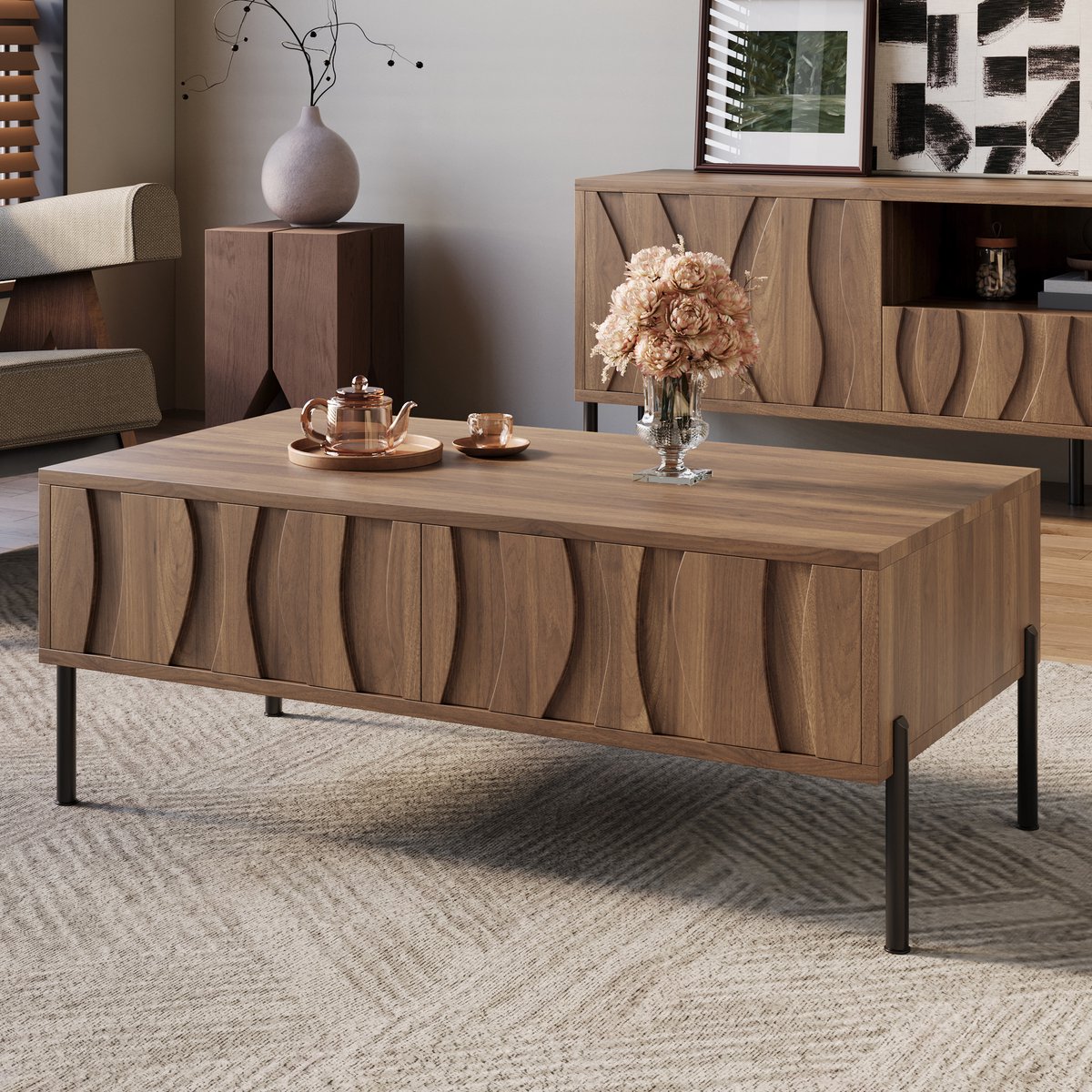 MODENUIT Salontafel En Tv-Kast Set - Golvend Frontdesign Met Opbergruimte - Voor Woonkamer