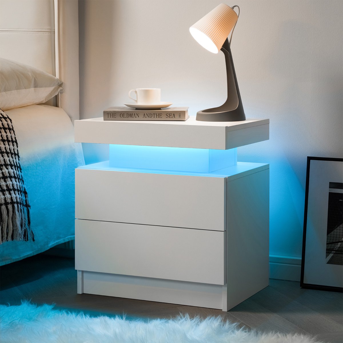 MODENUIT Nachtkastje - Met Verstelbare LED-Verlichting En 2 Laden - Als Zijkast Voor Slaapkamer En Woonkamer - Hout - Wit