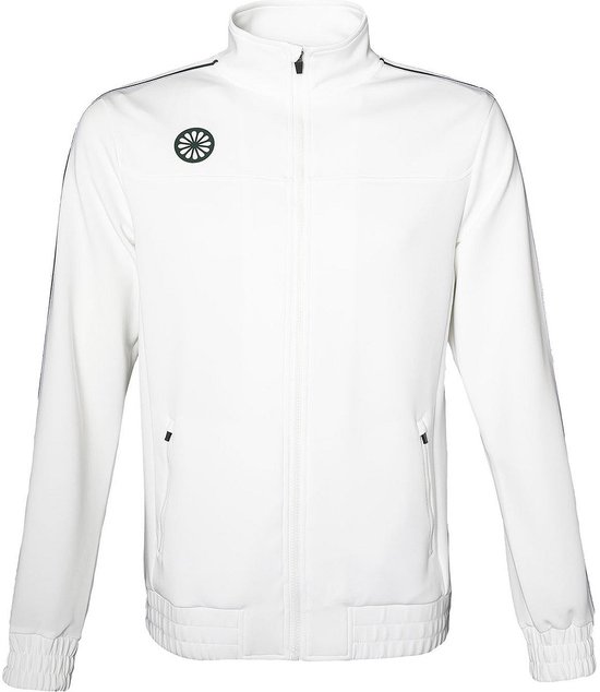 Veste d'entraînement blanche pour homme avec logo vert foncé sur la poitrine et rayures sur les manches.