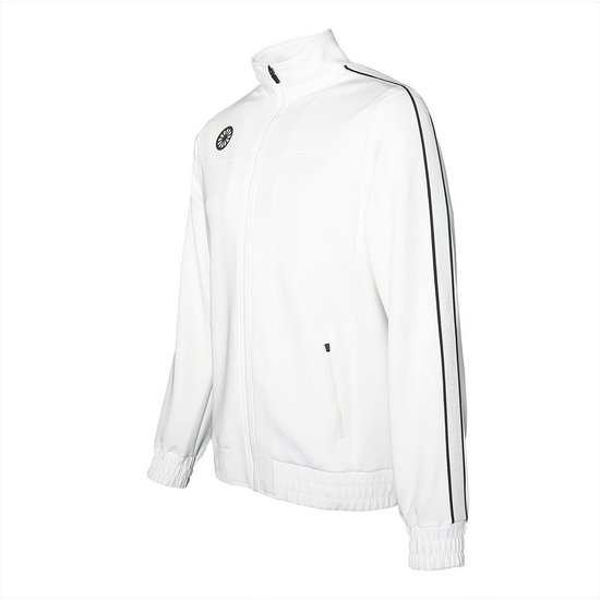 Veste d'entraînement blanche pour homme avec logo vert foncé sur la poitrine et rayures sur les manches.
