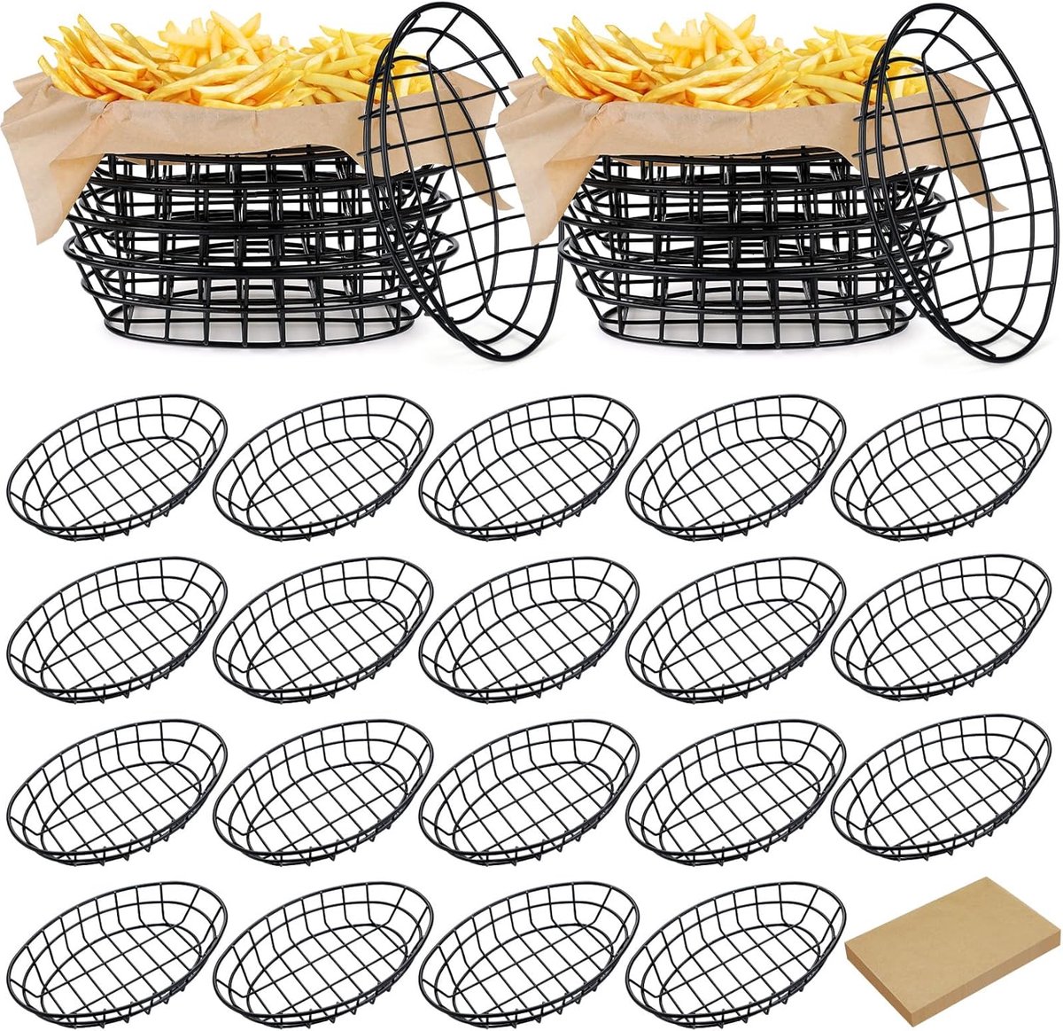 Draadmand Set - Dienbladen - Brood Serveren - Inclusief Wikkelpapier - 24x16x6 cm - Zwart
