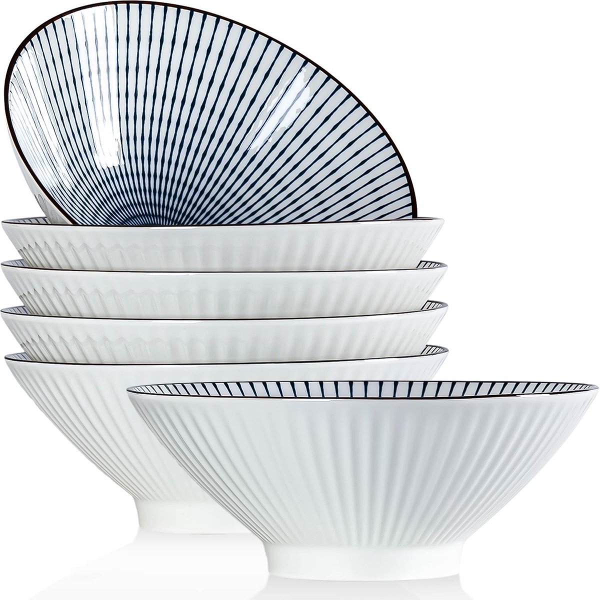 Ramenkommen Set - Keramische Soepkommen - Oosters Dineren - Magnetron Vaatwasserbestendig - 20 cm 38 oz - Blauw Wit