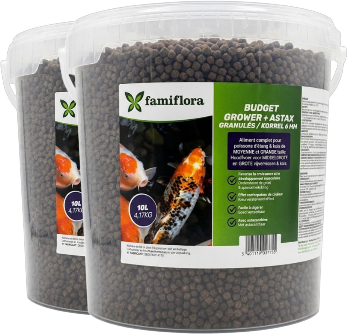 Famiflora Grower Astax koivoer - 2x 10L (= 20L / 8.34KG) - 6mm korrel - Premium grower voor koivissen - Voer voor vijvervissen - Korrelgrootte van 6 mm - Bevat astaxanthine