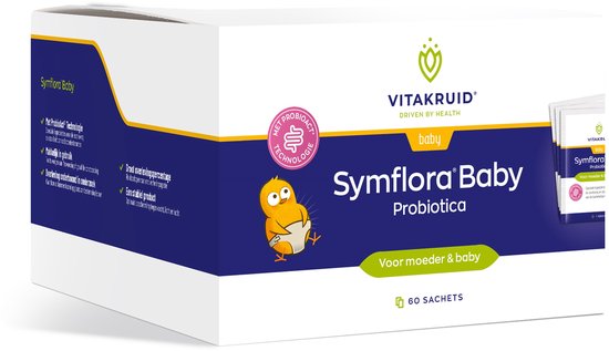 Doos Symflora Baby Probiotica voor moeder & baby. Met probiotica technologie, 60 sachets en een kuikenafbeelding. Links staan voordelen.