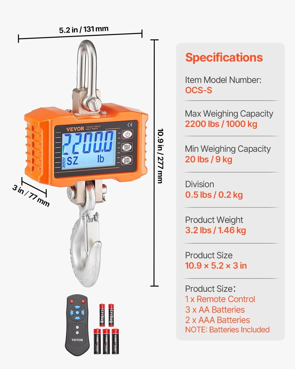 Zolara Digitale Kraanweegschaal 1000 kg - Hangweegschaal met LCD Display, Afstandsbediening en Hoge Nauwkeurigheid - Weegschaal - Kofferweegschaal - Industriële weegschaal - Oranje