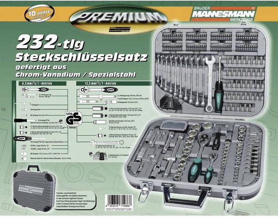 Gereedschapskoffer met 232-delige dopsleutelset, chroom-vanadium/speciaal staal, 6,3 mm (1/4") en 12,5 mm (1/2") aandrijving.