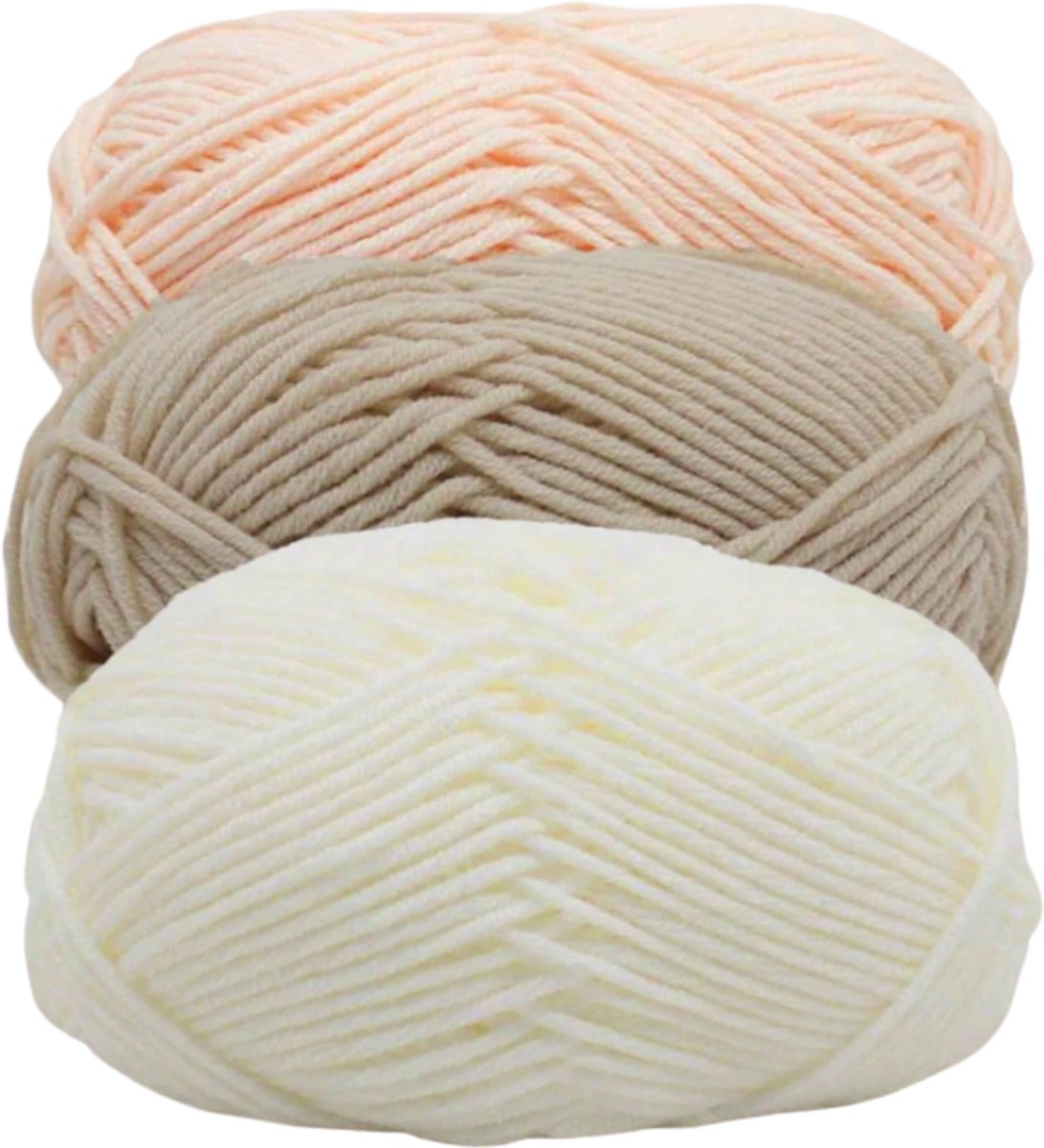 Chipa - Melkgaren Set van 3 Bollen – Wit, Beige & Lichtbruin - 150g totaal – 50g per Bol – Katoen & Acryl - Haak- en Breigaren voor DIY Projecten – Diverse Garen - Brei wol - Hobby & Handwerk - Naaien Accesoires - Bordure - Naaibenodigheden