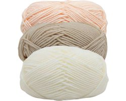 Chipa - Melkgaren Set van 3 Bollen – Wit, Beige & Lichtbruin - 150g totaal – 50g per Bol – Katoen & Acryl - Haak- en Breigaren voor DIY Projecten – Diverse Garen - Brei wol - Hobby & Handwerk - Naaien Accesoires - Bordure - Naaibenodigheden
