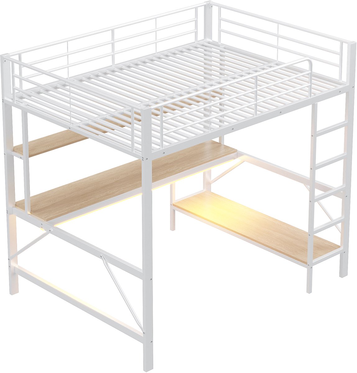 MIVRAY Hoogslaper 140x200 cm - Zonder Matras Met Bureau En Opbergplanken - Met Led Sfeerverlichting En Usb Aansluiting - Metaal - Wit