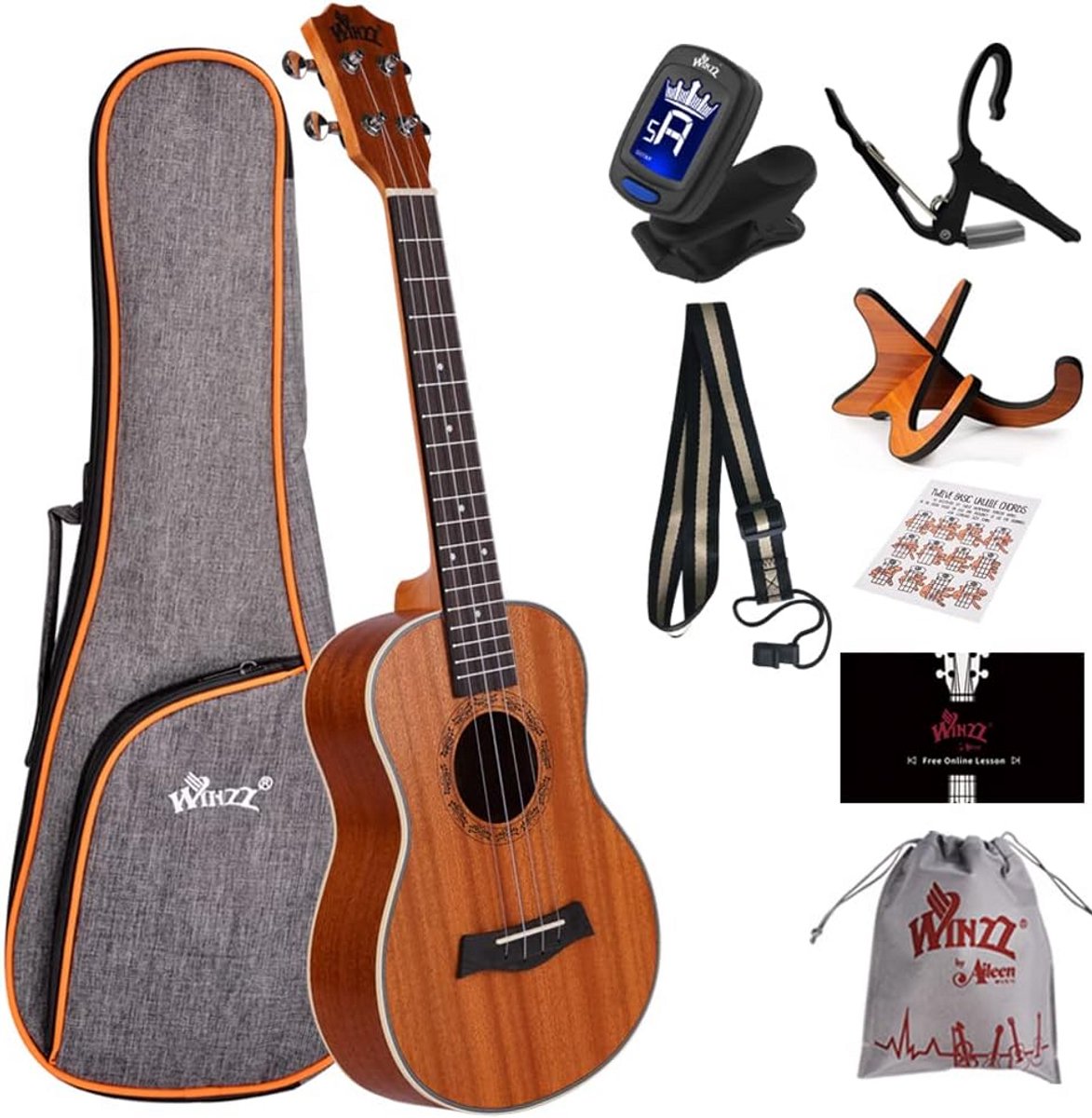 Tenor Ukelele 66 cm voor Volwassenen en Beginners, Inclusief Standaard en Capo