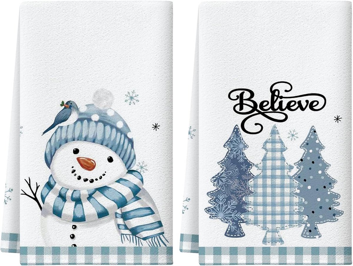 Set van 2 Keukenhanddoeken Theedoeken Blauw Wit Geruit Kerst Design Katoen 45x66 cm