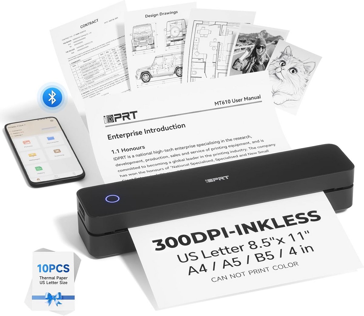 Draagbare Thermische Printer - Mobiel & Draadloos Afdrukken op US Letter (A4 formaat compatibel) - Met Bluetooth voor iOS/Android & Laptop