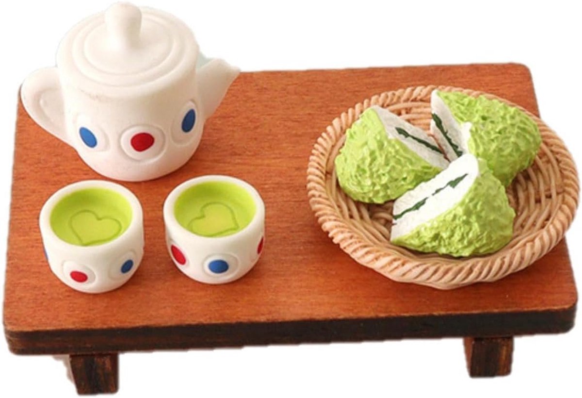 Miniatuur Houten Tafel met Matcha Theeservies Set - 8 Delen Decoratie