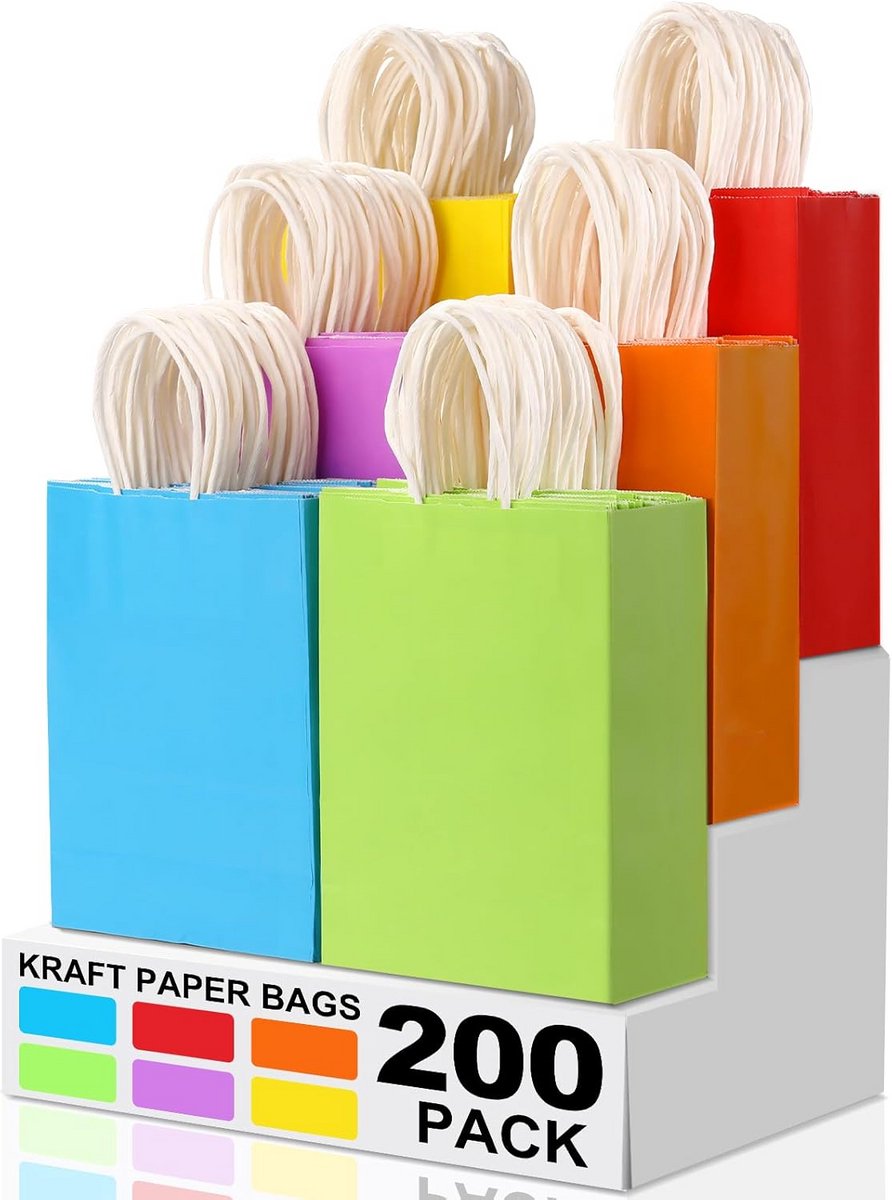 200x Kraftpapier Cadeauzakjes met Handvatten - 6 Kleuren Geschenkzakken voor Kinderfeestjes en Cadeaus