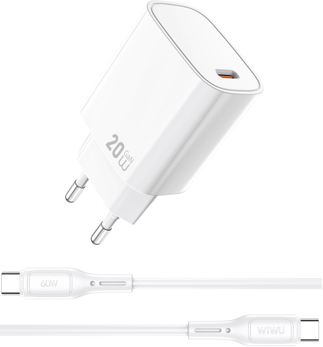 WiWU USB-C snellader 20W – Stekker inclusief USB-C Kabel – Wit