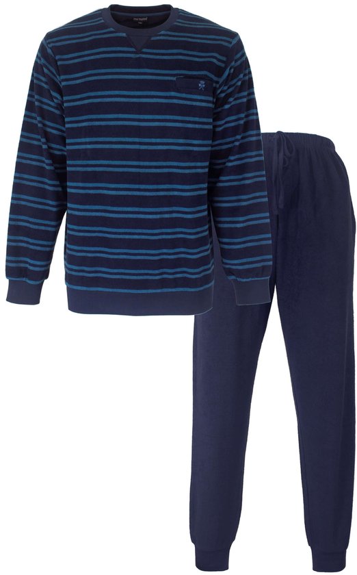 Donkerblauw pyjamashirt met horizontale lichtblauwe strepen en bijpassende effen donkerblauwe pyjamabroek.