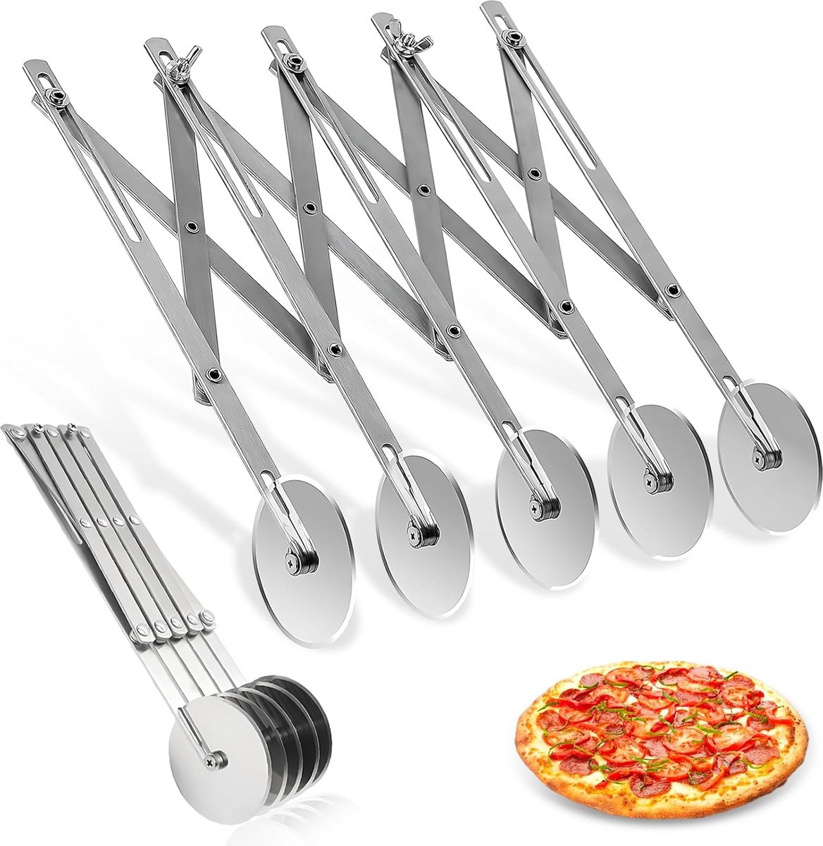 Multifunctionele Pizzaroller met 5 Wielen - RVS Deegsnijder en Taartverdeler