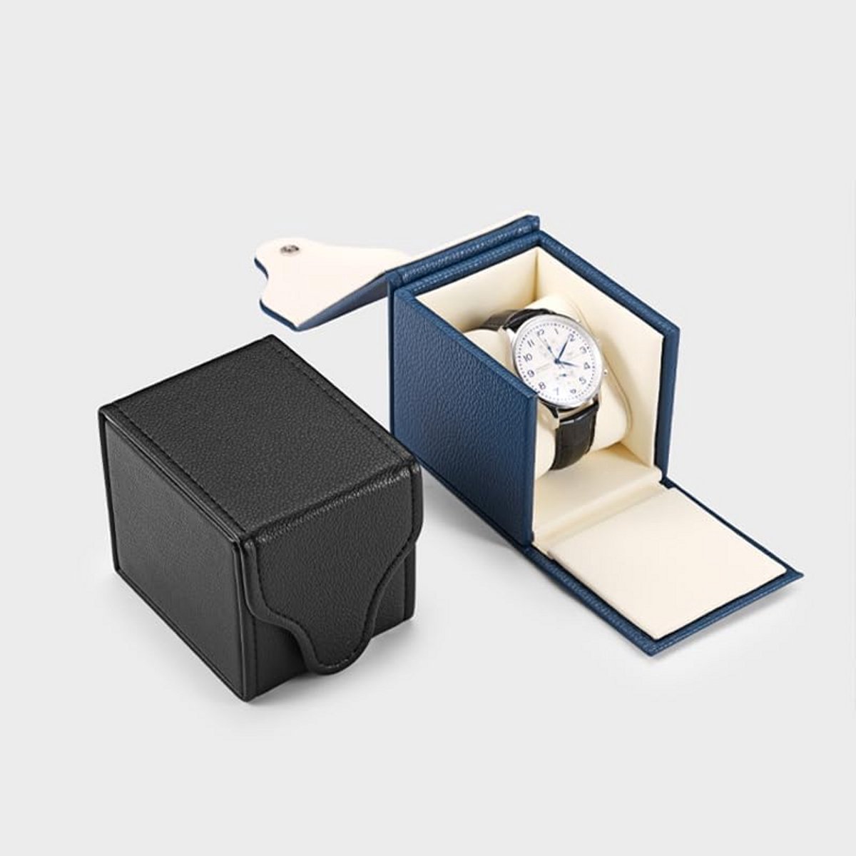 Luxe Vierkante Horlogedoos Blauw Leer - Reisdoos met Uitneembaar Kussen