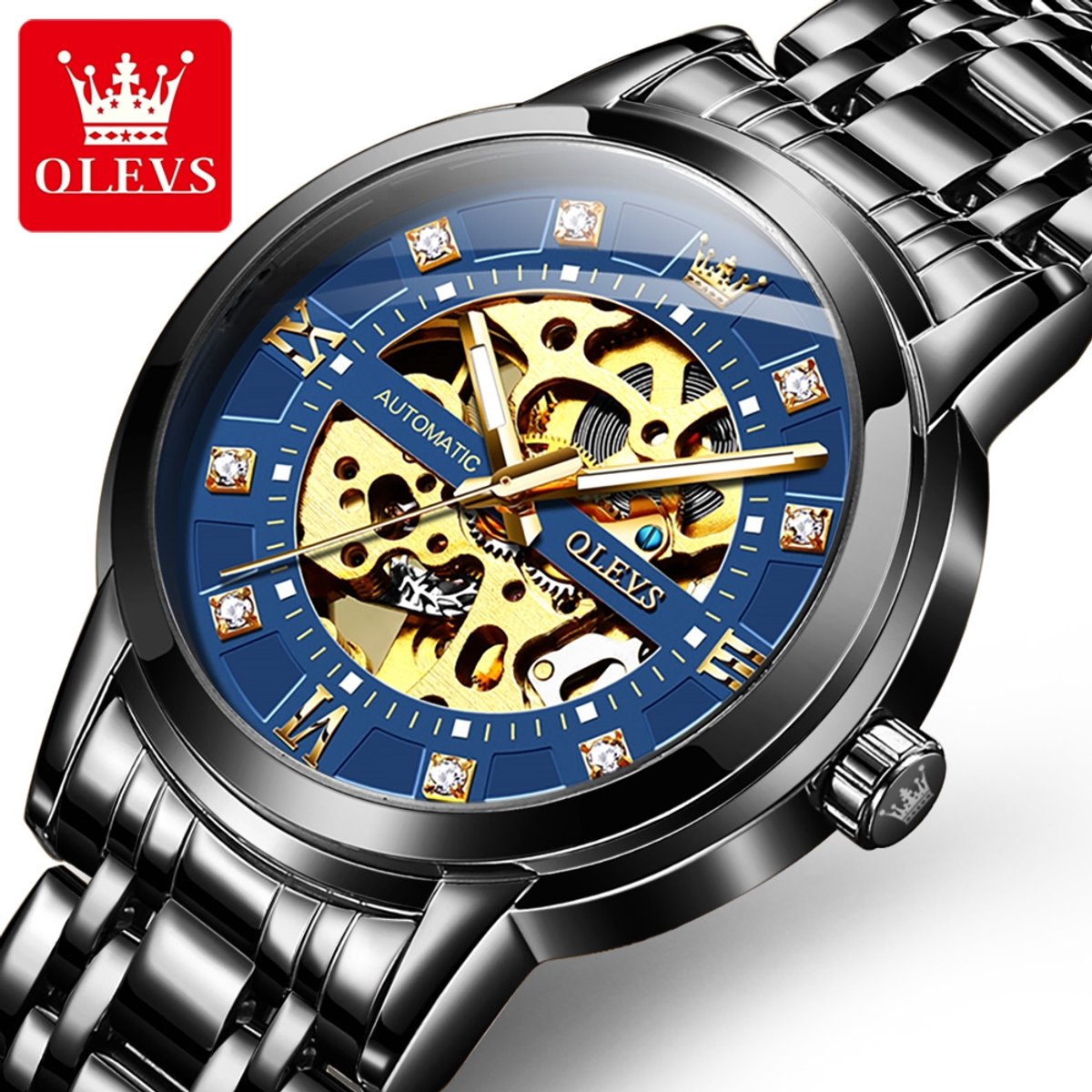 HO-9901.zw-bl : Olevs zwart automatisch-mechanisch edelstaal heren skeleton horloge, blauwe wijzerplaat, 3BAR, tourbillon, luminiscerend