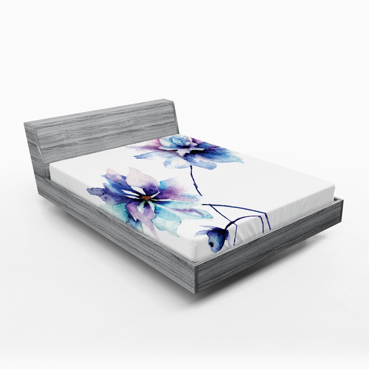 ABAKUHAUS Waterverf Bloemen Hoeslaken, Retro Bloemen, Zachte Decoratieve stof met Elastische Randen, 140 cm x 200 cm, Wit, Violet, Blauw