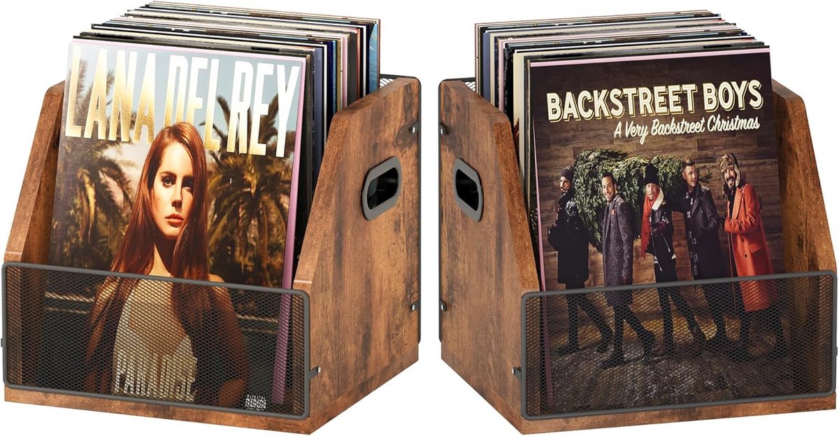2 stuks vinylopslag set - metalen en houten LP krat voor platenbox en albumhouder - roodbruin