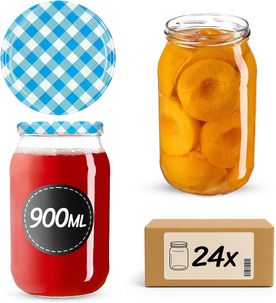 Inmaakpotten 900ml met twist-off deksel - 24 stuks - Blauw Geruit