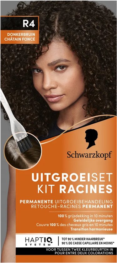 Vrouw met lange, donkere krullen. De verpakking van Schwarzkopf UitgroeiSet Kit Racines R4 is donkerbruin.